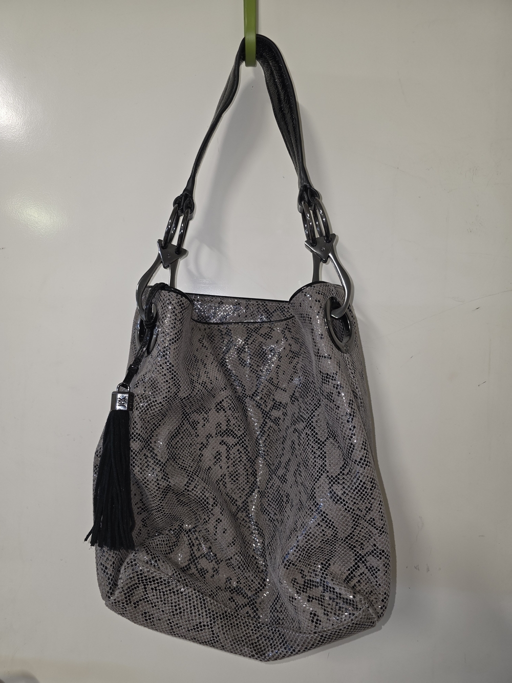 Snake-Print Bucket Shoulder Bag with Tassel - Black and Gray